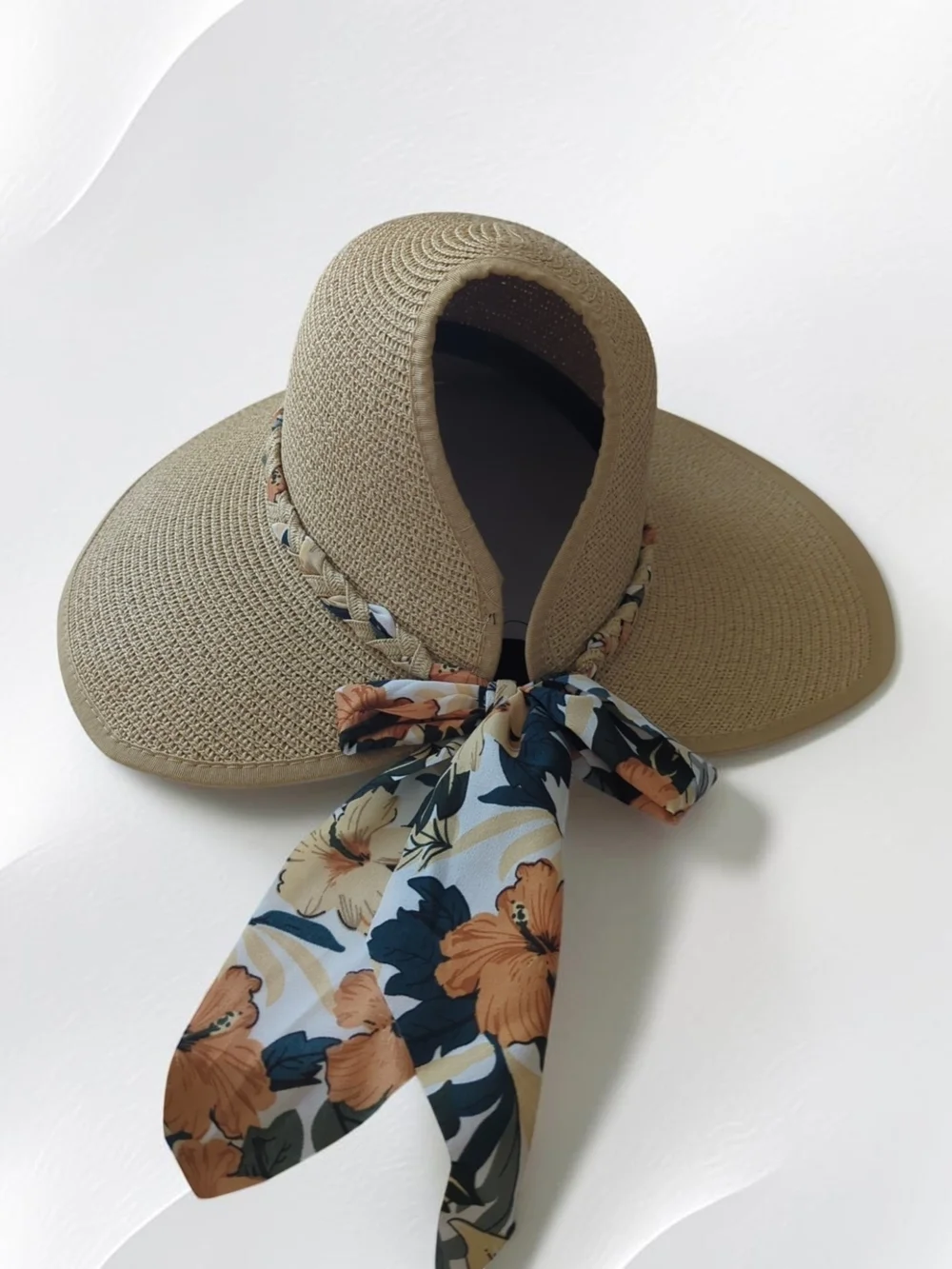 Women's Roll Up Straw Sun Visor Wide Brim Packable Beach Hat With Floral Bow